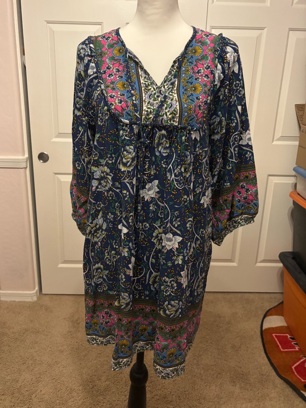 Temofon Bohemian Floral Navy and Pink Cotton-Blend Women's Shirt